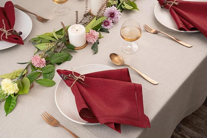 D'Moksha Homes Red Linen Napkins Set of 4 - Classic Hemstitch 100% Pure Linen Hemstitch Dinner Napkins 20 x 20 Inch for Winter, Christmas, Holiday - Handcrafted and Machine Washable
