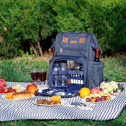 HappyPicnic Picnic Backpack Bag for 4, Wide Open with Large Capacity Insulated Cooler Compartment,9" Plates,Wooden Handle Cutlery and Waterproof Blanket Best Gift - Navy Blue