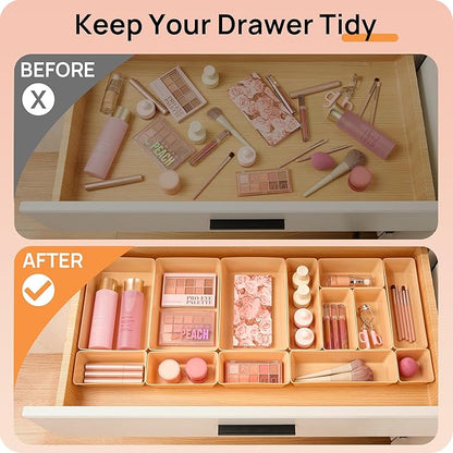Vtopmart 25 PCS Plastic Drawer Organizers Set, 4-Size Versatile Bathroom and Vanity Drawer Organizer Trays, Storage Bins for Makeup, Bedroom, Kitchen Gadgets Utensils and Office