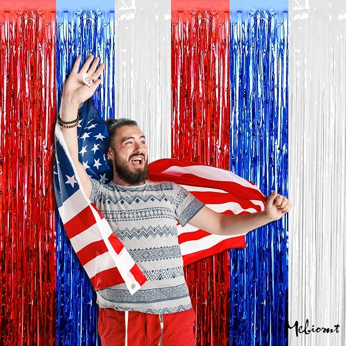 4 Pack 3.2Ft x 8.2Ft Independence Day Fringe Curtain Backdrop, Red Blue White Metallic Tinsel Foil Fringe Streamers Curtains Background for Photo Booth Birthday Wedding Carnival Party Decorations