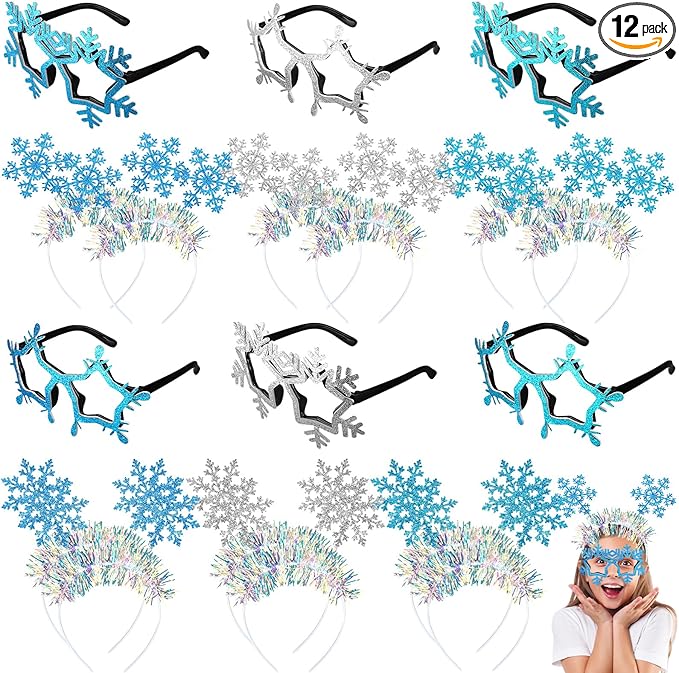 Riceshoot 12 Pcs Christmas Snowflake Headbands Snowflake Glasses Set Christmas Glittered Eyewear Headbands Accessories Party Favors