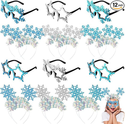 Riceshoot 12 Pcs Christmas Snowflake Headbands Snowflake Glasses Set Christmas Glittered Eyewear Headbands Accessories Party Favors