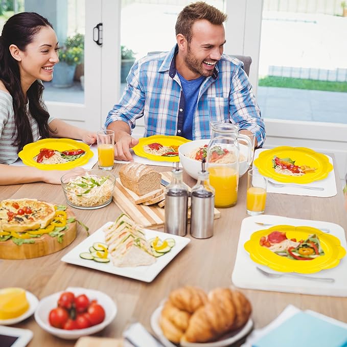 96 Pcs Yellow Paper Plates and Napkins Set Party Supplies, Tableware set for 24 Guest include Disposable Yellow Scalloped Plates, Napkins and Forks for Baby Shower Bridal Shower Wedding Fall Party