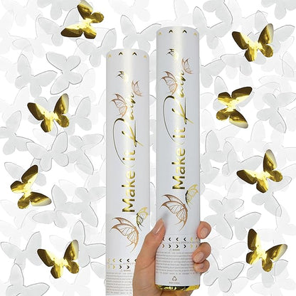 PrimePure Confetti Cannon Party Poppers - Butterfly White Confetti Poppers - 2 Pack - White Paper & Gold Butterfly Pop Gun for Wedding Send Off, Bridal Shower, New Years Eve 2026, Birthday, Parties