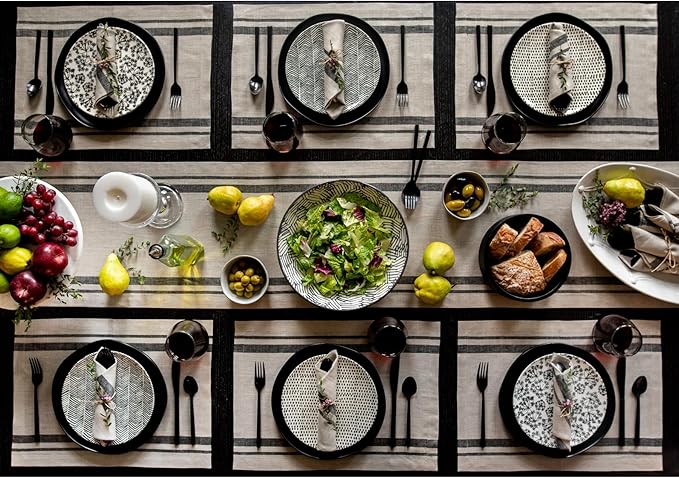 Solino Home Linen Table Runner 72 Inches Long - 100% Pure Linen Black and Natural French Stripe Table Runner 14 x 72 Inch for Dining, Dresser, Fall, Autumn, Holiday