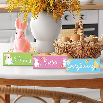 Hoppy Easter Everybunny Wooden Block Sign Set - 3pc Easter Tiered Tray Decor, Spring Tabletop Decorations, Bunny & Chick Signs for Mantel, Shelf, Home Accents