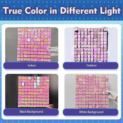 Qcity Iridescent Pink Shimmer Wall Backdrop 36PCS, Black Back Not See-Through Design, Square Sequin Glitter Backdrop Panel, Perfect for Outdoor Events, Birthdays, Wedding and Party Decoration