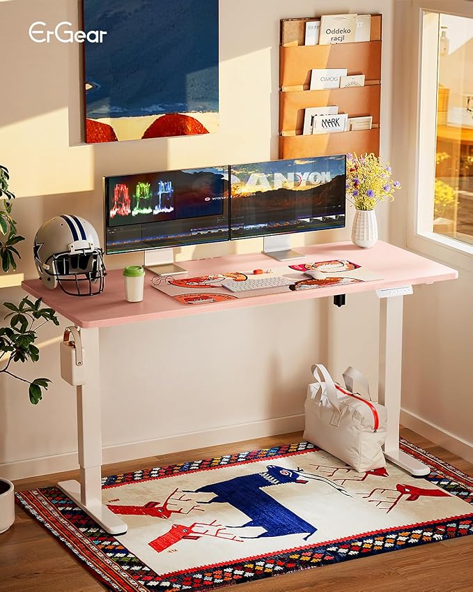 ErGear Height Adjustable Electric Standing Desk, 55 x 28 Inches Sit Stand up Desk, Memory Computer Home Office Desk, Pink