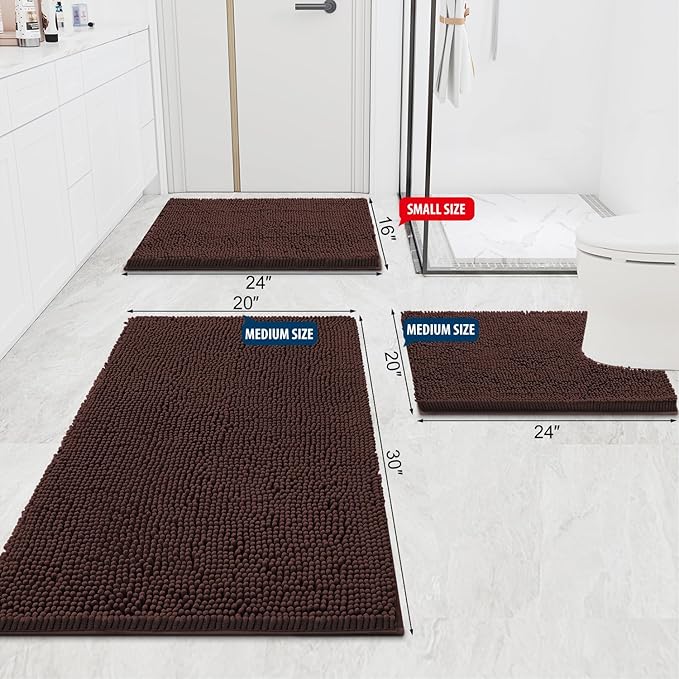 Smiry Luxury Chenille Bathroom Rugs 45x27, Extra Soft and Absorbent Shaggy Bath Mat, Machine Washable, Non-Slip Plush Carpet Runner for Tub, Shower, and Floor, Home Decor Accessories, Brown