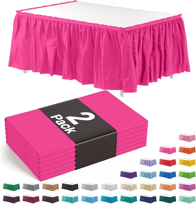 Exquisite Ruffle Table Skirt Cerise 2 Pack 14 Ft Long for Rectangle 6ft Plus or Round Tables With Adhesive Strip for Gender Reveal Decor & Happy Birthday Parties