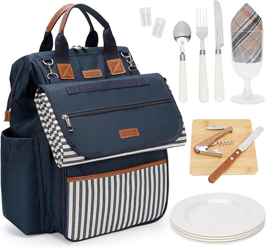 HappyPicnic Picnic Backpack Bag for 4, Wide Open with Large Capacity Insulated Cooler Compartment,9" Plates,Wooden Handle Cutlery and Waterproof Blanket Best Gift - Navy Blue