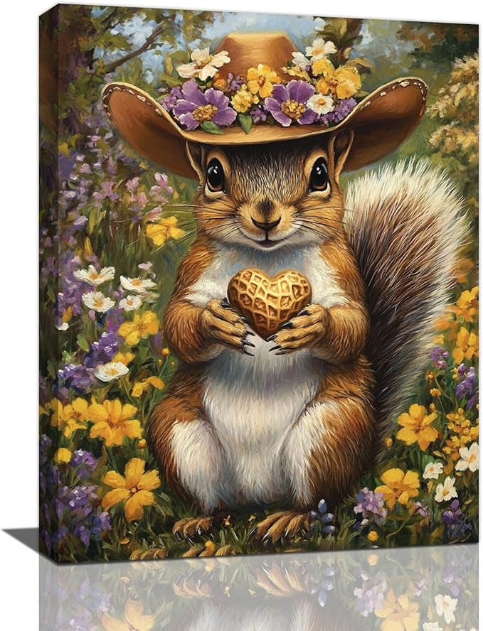Western Squirrel Wall Art, Squirrel Peanut Pictures Wall Decor, Country Rustic Animal Canvas Prints, Forest Flower Painting, Framed Artwork for Bathroom Living Room Bedroom Dining Room 24"X16"