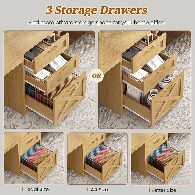SEDETA Farmhouse 96.5" Computer Desk with Drawers, 2 Person Home Office Desk, Gaming Double Desk with Storage Shelves, Long Two Person Writing Desk, Oak