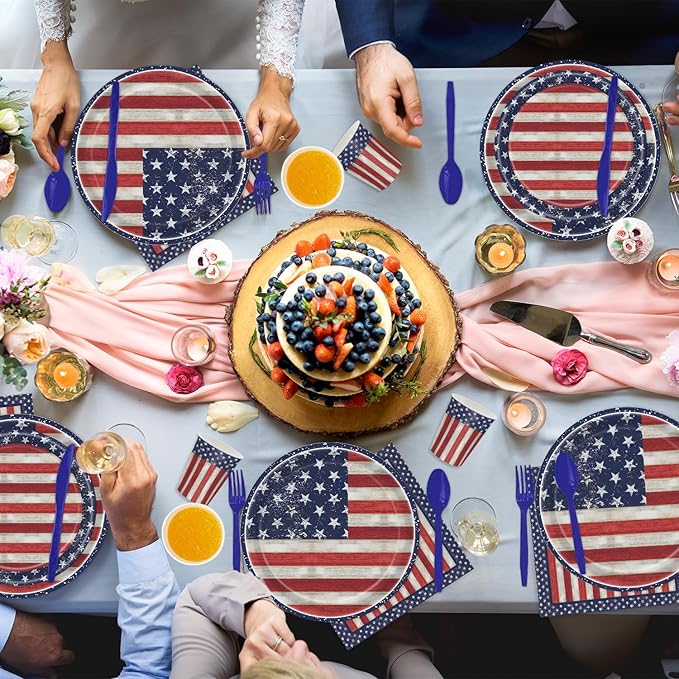 168Pcs Retro Independence Day Tableware Set, 4th of July Plates and Napkins for American Memorial Day Decorations, Stars and Stripes Pattern Patriotic Party Supplies, Serves 24