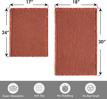 MIULEE Orange Set of 2 Waffle Bathroom Rugs, Boho Bath Rugs Non Slip Washable, Super Absorbent Bath Mats, Ultra Soft Rubber Backed Shower Mats for Bathroom Floor, Tub, 17"x24"+18"x30"