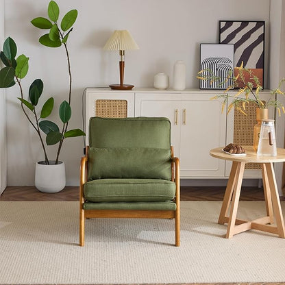 Bonnlo Dark Green Linen Mid Century Modern Accent Chair, Soild Wood Padding Lounge Armchairs Side Sitting Chairs for Living Room, Bedroom, Guest Room