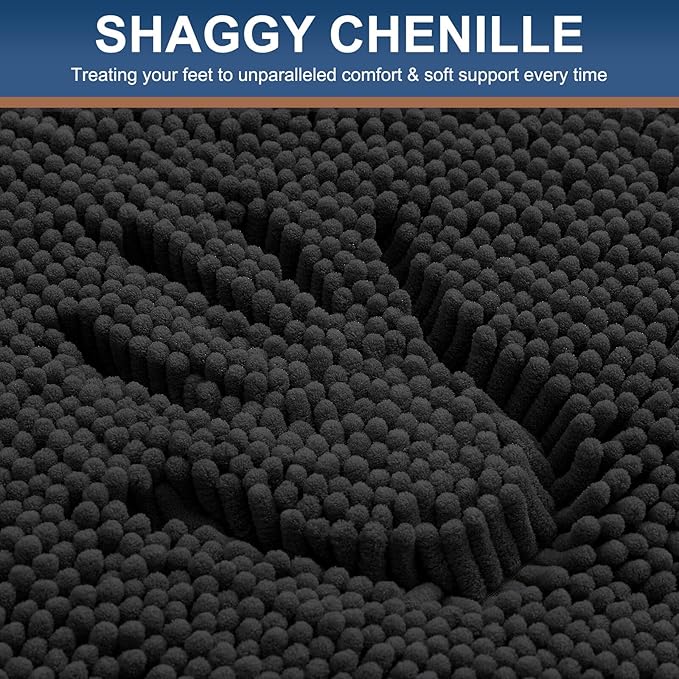 Smiry Luxury Chenille Bathroom Rugs 47x24, Extra Soft and Absorbent Shaggy Bath Mat, Machine Washable, Non-Slip Plush Carpet Runner for Tub, Shower, and Floor, Home Decor Accessories, Black