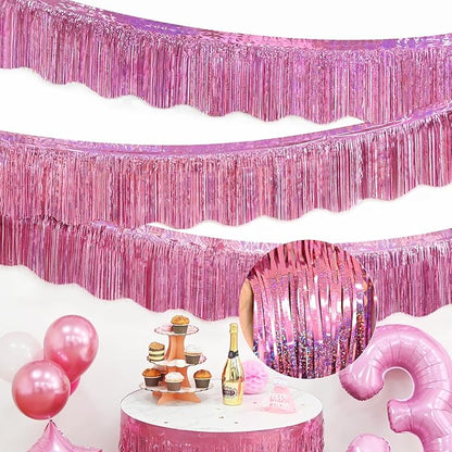 LOLStar 6 Pack Pink Foil Fringe Garland Birthday Party Decorations, 59Ft Metallic Tinsel Streamers Banner, Glitter Photo Booth Prop Table Skirt for Wedding Parade Float Gender Reveal Party Decor