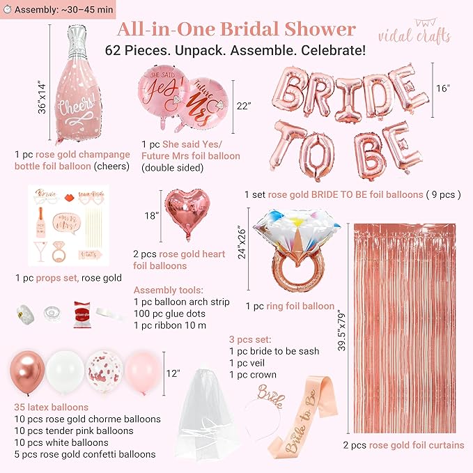 VIDAL CRAFTS 62-Piece Rose Gold Bridal Shower Decorations – Bachelorette Party Decor with Confetti Balloons, Bride-to-Be Banner, Bridal Veil, Fringe Curtains, Bride Sash & Fun Photo Props [UPGRADED]