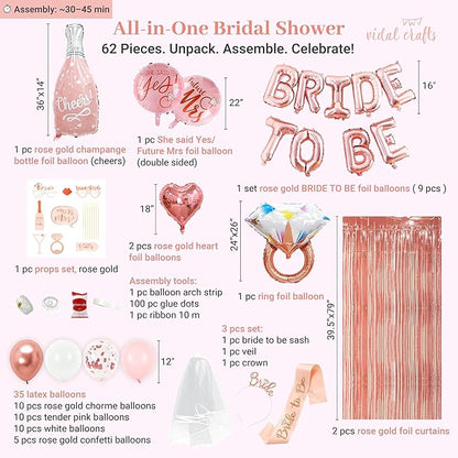VIDAL CRAFTS 62-Piece Rose Gold Bridal Shower Decorations – Bachelorette Party Decor with Confetti Balloons, Bride-to-Be Banner, Bridal Veil, Fringe Curtains, Bride Sash & Fun Photo Props [UPGRADED]