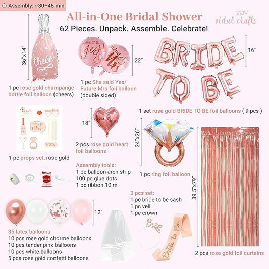 VIDAL CRAFTS 62-Piece Rose Gold Bridal Shower Decorations – Bachelorette Party Decor with Confetti Balloons, Bride-to-Be Banner, Bridal Veil, Fringe Curtains, Bride Sash & Fun Photo Props [UPGRADED]