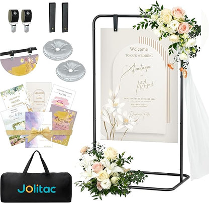 Jolitac Wedding Welcome Sign Holder, Adjustable Wedding Sign Stand Leather Hanging Straps & Design Bundle Heavy Duty Metal Easel Stand for Seating Charts, Bridal Showers, Birthday Party Displays