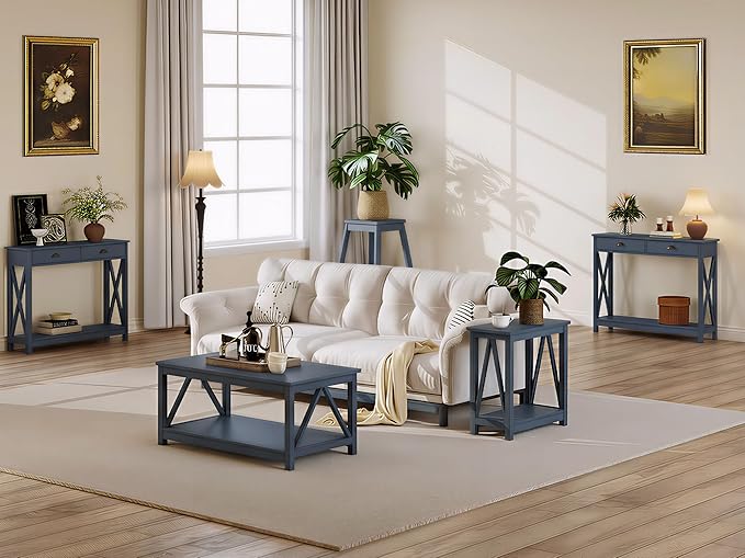 ChooChoo Console Table with Drawer for Entryway, Narrow Long Entry Table with Shelf for Living Room, Rustic Vintage Hallway Sofa Table with Stable X Supports, 40 Blue