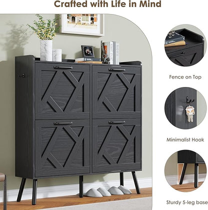 Nicetree Shoe Cabinet, Shoe Storage Cabinet for Entryway, Farmhouse Narrow Shoe Rack Cabinet with Metal Legs, Foyer, Hallway,4 Flip Drawers,Black