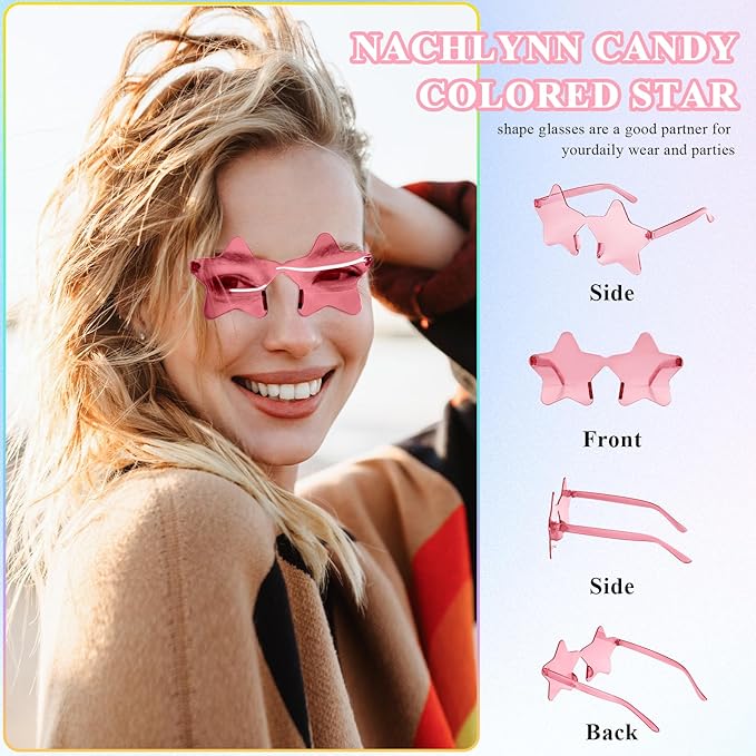 NACHLYNN 36 Pcs Rimless Star Shaped Sunglasses Pink Transparent Sunglasses Pentagram Glasses Valentine Day Party Favor