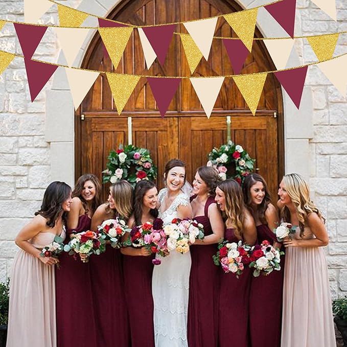 Burgundy Beige Gold Party Pennant Banner Flag Maroon Gold Hanging Glitter Paper Triangle Bunting for Graduation Birthday Bridal Shower Wedding Bachelorette Anniversary Baby Shower Party Decorations