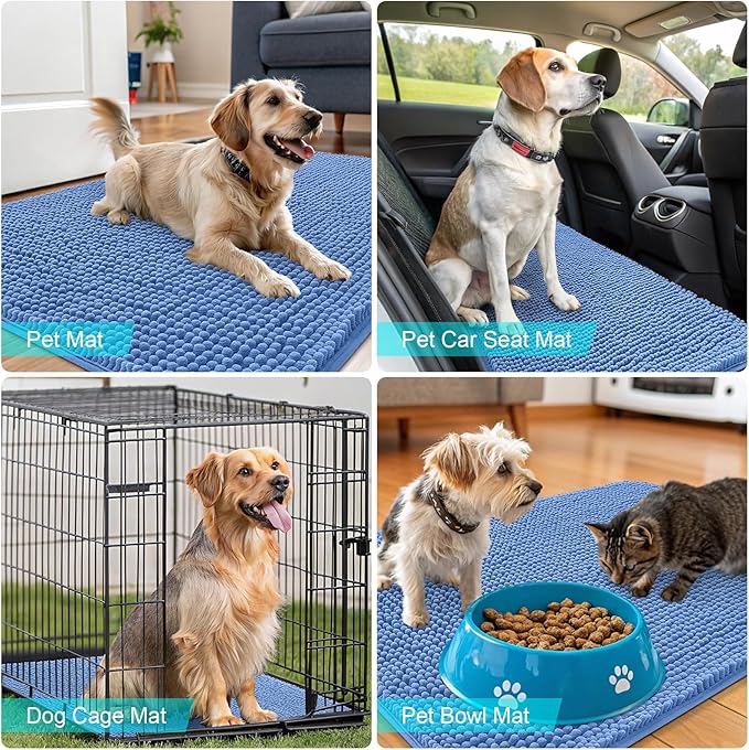 OLANLY Dog Door Mat for Muddy Paws 30x17, Absorbs Moisture and Dirt, Absorbent Non-Slip Washable Doormat, Quick Dry Chenille Mud Mat, Entry Indoor Entryway Carpet for Inside Floor, Cornflower Blue