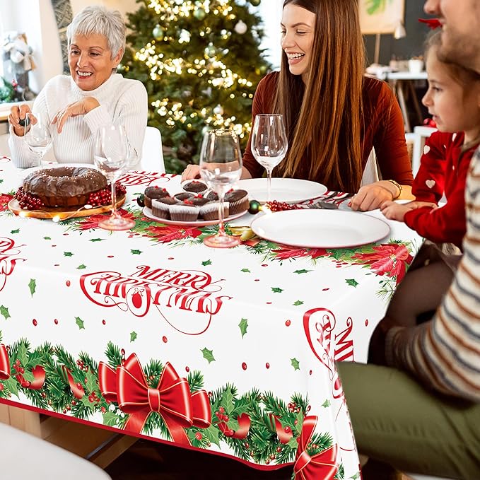 QZYL 4 Pack Christmas Table Cloths, 54" x 108" Xmas Decorations, Poinsettia Bow Design Christmas Plastic Tablecloth Holiday Disposable Tablecover, Holiday Party Decor Xmas Table Decor