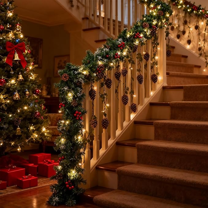 Christmas Garland with Lights, 9FT Snow Flocked Christmas Garland for Mantle, Prelit Outdoor Garlands with Red Berries and Pine Cores for Outdoor Indoor Mantle Table Stairs Fireplace Home Decor