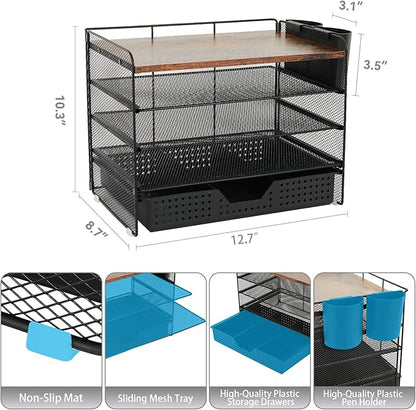 Desk Organizers and Accessories, 5-Tier Paper Letter Tray Organizer with Drawer & 2 Pen Holders, Desktop Organizer for Office Supplies (Wood)