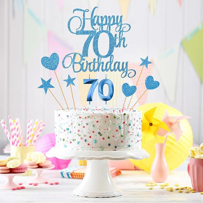 70th Birthday Cake Decorations, 70th Birthday Candles Cake Numeral Candles and Glitter Happy 70th Birthday Cake Toppers Set for Birthday Party Supplies (Blue)