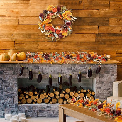 6 Feet Fall Garland for Mantle Autumn Garland with Lamb's Ear Leaves Pinecone Thanksgiving Harvest Decorations for Home Fireplace Farmhouse Porch Outdoor Indoor Table Centerpiece Wall Arch Backdrop
