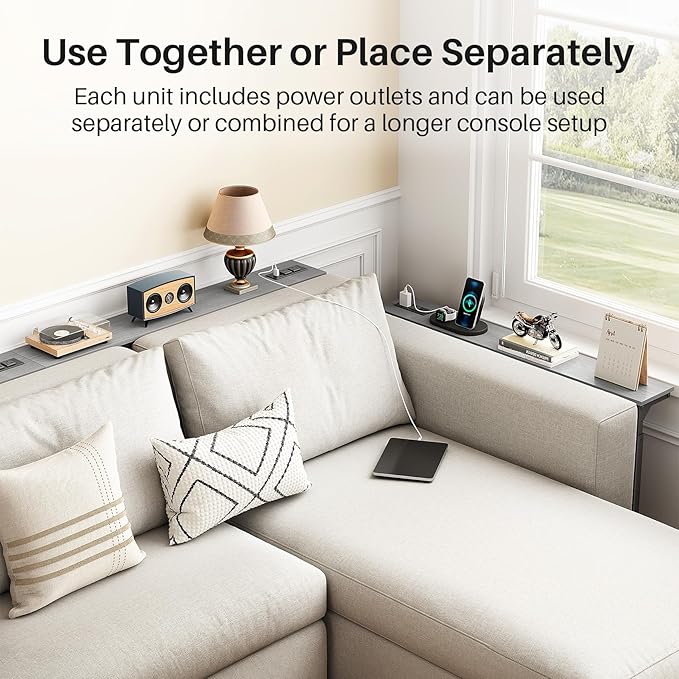 Kitstorack 2-Pack Dark Gray Long Sofa Table Behind Couch, Adjustable Height (25"-33") & 2 Power Outlets, Narrow Console Table, 5.9" D x 79" L, Thin, Split Design for Separate Use