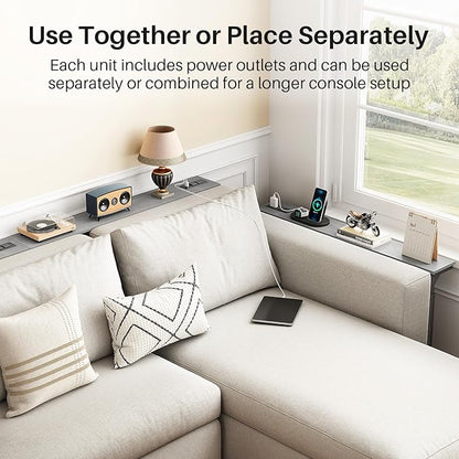 Kitstorack 2-Pack Dark Gray Long Sofa Table Behind Couch, Adjustable Height (25"-33") & 2 Power Outlets, Narrow Console Table, 5.9" D x 79" L, Thin, Split Design for Separate Use