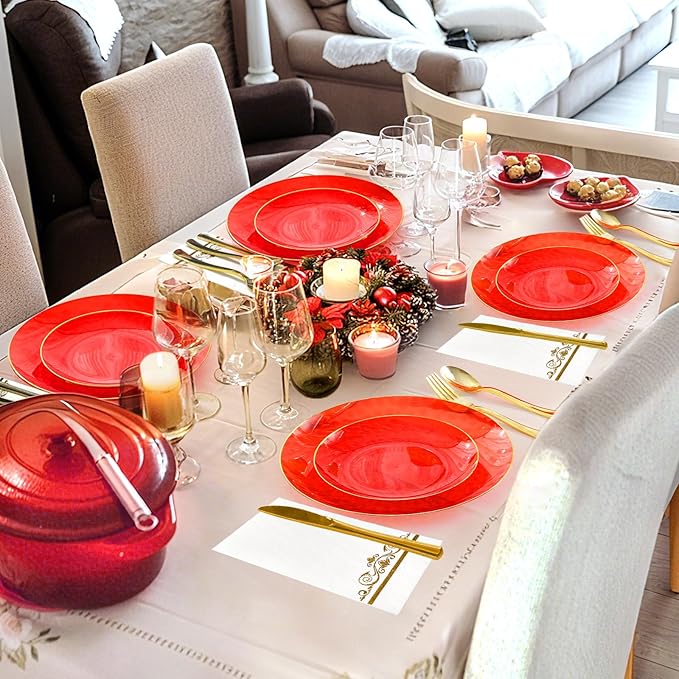 150 Pcs Red Plastic Plates - Fancy Plastic Dinnerware Set for 25 Guests - 50 Red Disposable Plates, 75 Gold Silverware, 25 Napkins for Party Birthday Christmas