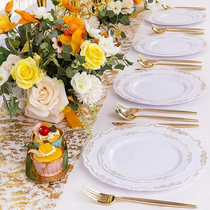 U-QE 100PCS Gold Thanksgiving Plates Disposable - Heavy Duty White and Gold Plates Including 50PCS 10'' Dinner & 50PCS 7.5'' Dessert Plates Perfect for Upscale Party, Wedding