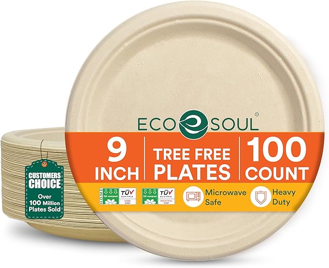 ECO SOUL Compostable 9 Inch(100-Pack) Biodegradable Heavy-Duty Disposable Eco-Friendly Paper Plates for Thanksgiving Dinner & Parties, Wedding, Event