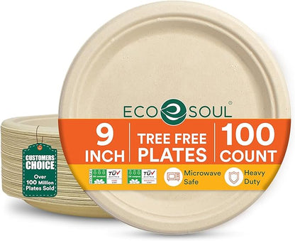 ECO SOUL Compostable 9 Inch(100-Pack) Biodegradable Heavy-Duty Disposable Eco-Friendly Paper Plates for Thanksgiving Dinner & Parties, Wedding, Event