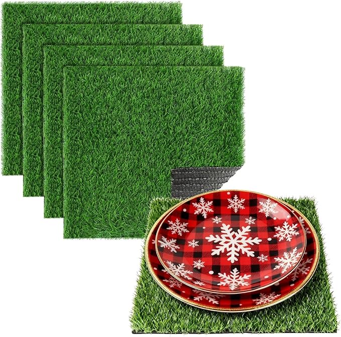 XLX TURF 12"X12" Artificial Grass Table Placemats 4 Pack - Green Christmas Football Tabletop Centerpiece Decor Golf Theme Party, Birthday, Baby Shower Wedding Holiday Fake Turf Square