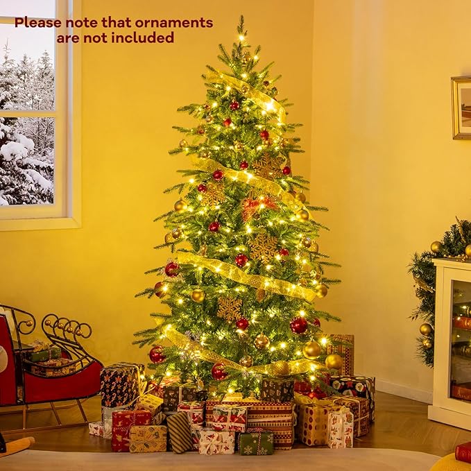 GOFLAME 6FT Prelit Artificial Christmas Tree, Hinged Xmas Tree with 714 PE & PVC Branch Tips, 260 LED Lights, 11 Lighting Modes, Remote, Holiday Decoration Tree with Timer, Adjustable Brightness