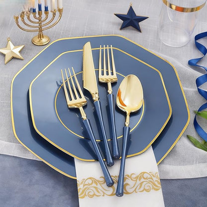 KIRE 140Pcs Blue Plastic Plates with Gold Rim - Gold Disposable Plastic Silverware with Blue Handle&Clear Cups&Hand Napkin - Geometric Party Plates for Hanukkah/Holiday/Party
