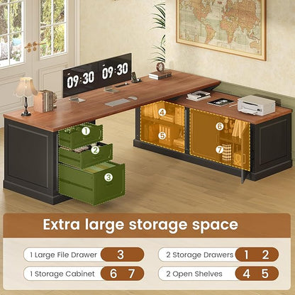 SEDETA Farmhouse L Shaped Desk with Drawers, 70.9" Home Office Desk with Storage Cabinet and Storage Shelves, L Shaped Computer Desk with Power Outlet，Black