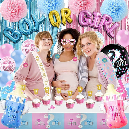 124 Pcs Gender Reveal Decorations Kit, Party Supplies With 36'' Balloon, Boy OR Girl Foil Balloon, Paper Pompoms, Tablecloth, Photo Props