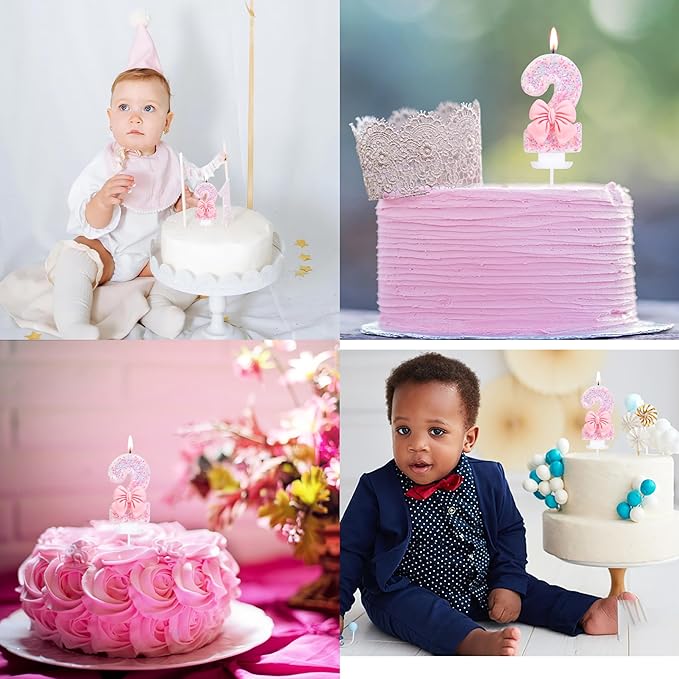 Number 2 Birthday Candle Pink Bowtie Glitter Number 2 Candle Birthday Girl Pastel Sweet Theme 2nd Birthday Party or Adults Milestone Age Decoration