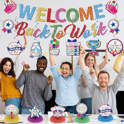 12pcs Welcome Back to Work Decorations Office Colorful So Glad You're Back To Work Banner and Hanging Swirls Table Centerpieces Office Party Supplies for Indoors Outdoors