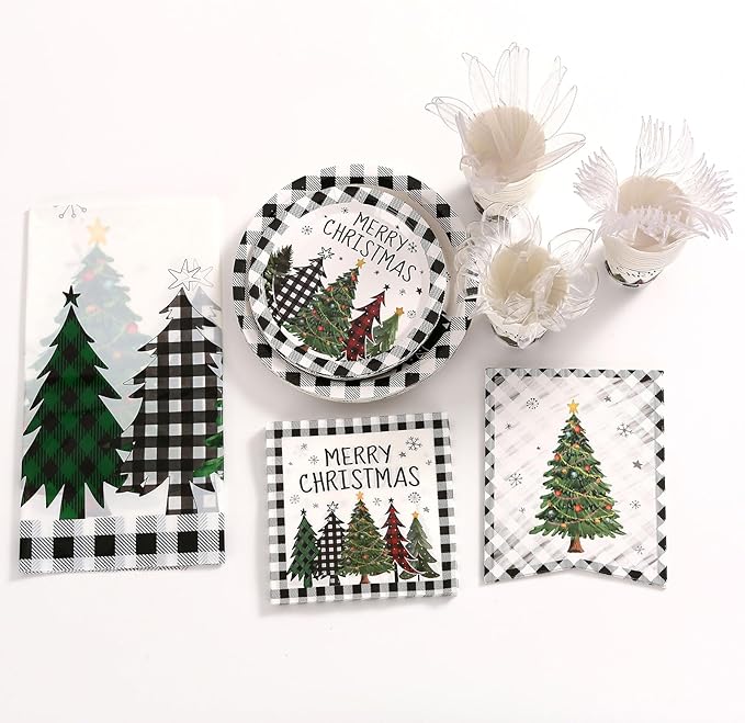 Christmas Plates Disposable Party Set with Plates and Napkins, Cups, Tablecloth Kit Serves 24 Guests, Christmas Tree Pattern Disposable Dinnerware Set for Xmas Holiday Party Disposable Supplie